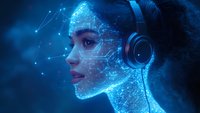Profile view of woman wearing headphones with glowing digital network pattern overlay on face against dark blue background with constellation effects.