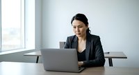 Young woman of South Asian descent wearing professional black blazer working on laptop at wooden desk in bright modern office with window, suitable for business, corporate, technology, and workplace concepts.