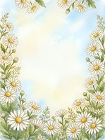 Watercolor daisy floral frame with soft blue and yellow background, white chamomile flowers and green leaves border with copy space.