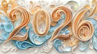 Decorative paper art number 2026 in peach and blue tones with swirling floral elements and curls on white background, quilling technique artwork.