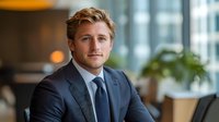 Young Caucasian businessman in navy suit smiling confidently in modern office setting with blurred background. Professional corporate portrait with natural lighting.