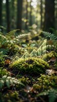 Young seedling with glowing upward arrow graph overlay on moss in forest setting, symbolizing growth, sustainability, and business success in nature-based economy.