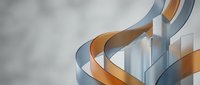 Abstract metallic spiral ribbons in silver and gold tones surrounding glass bar chart columns on a light gray background.