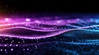 Glowing wave of sparkling particles flowing on dark background with pink and blue gradient colors creating magical atmospheric effect.