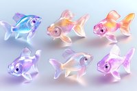 Luminescent glass fish collection in pastel colors featuring six decorative figurines with iridescent finish and translucent glow on soft gradient background.