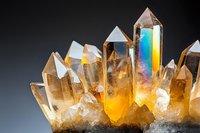 Natural quartz crystal cluster with golden citrine and rainbow prisms on gradient background for healing meditation and spiritual wellness practices.