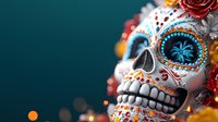 Ornate sugar skull with vibrant floral decorations and turquoise eye socket details against dark background, celebrating Day of the Dead traditions and Mexican folk art.