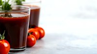 Fresh tomato juice in clear glass with ripe red tomatoes on light gray background, healthy vegetable drink for detox and wellness programs.
