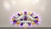 Colorful gemstones and crystals arranged in sacred geometry pattern with soft purple lighting for spiritual healing and meditation practices.