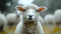 Young white lamb looking directly at camera with curious expression on rainy day, soft bokeh background with flock, close up portrait in natural setting.