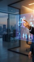 Businessman in dark suit interacting with holographic digital interface displaying gears, organizational charts, and team collaboration icons in modern office with city skyline view.