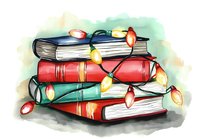 Stack of vintage books decorated with glowing Christmas string lights against watercolor background, creating cozy holiday reading atmosphere.