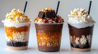 Sweet dessert milkshakes topped with popcorn, caramel sauce and chocolate cake in transparent cups. Layered treats with whipped cream and drizzles create indulgent combinations.
