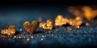 Golden heart-shaped glitter decorations on dark blue surface with bokeh background, creating romantic festive atmosphere for Valentine's Day celebrations.