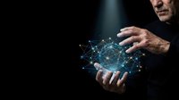 Businessman holding glowing digital network sphere with connected nodes representing global connectivity, data transfer and modern technology solutions.