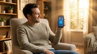 Middle-aged Caucasian man in beige sweater sitting on couch holding smartphone with smart home app interface in modern living room with warm sunlight.