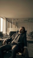 Exhausted businessman sleeping in office chair after long work day, corporate stress and burnout concept for workplace wellness campaigns.
