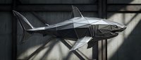 Modern geometric shark sculpture with angular metallic design casting dramatic shadows on concrete wall for contemporary art and design projects.