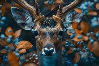 Young male deer portrait with glowing blue eyes and orange autumn leaves, dramatic close-up nature photography in moody forest setting with artistic color grading.