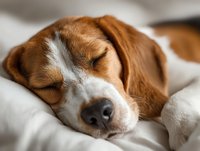 Sleeping beagle puppy with brown and white fur resting peacefully on soft white bedding, eyes closed in deep slumber.