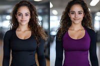 Young mixed race woman with curly hair wearing athletic tops in black and purple, smiling confidently in fitness studio setting. Side by side comparison for sportswear advertising.
