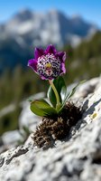 Vibrant purple alpine orchid blooming on rocky mountain terrain with majestic peaks in blurred background, showcasing nature's resilience in harsh environments.