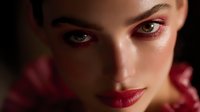 Young woman with dramatic red eye makeup and burgundy lipstick in moody lighting, close-up portrait showing intense gaze and flawless skin texture.