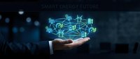 Businessman hand presenting holographic smart energy icons with renewable power symbols for sustainable technology solutions and green innovation.