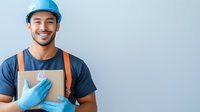 Young Asian male delivery worker in protective equipment holding package, wearing blue hardhat, gloves and uniform against light background. Professional service concept.