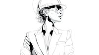 Stylish young woman in white blazer and cap with curly hair looking up confidently in minimalist black and white line art style for fashion design.