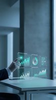Businessman hand touching holographic data analytics dashboard with charts and graphs in modern office environment for business intelligence presentations.