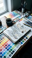 Artist workspace with watercolor palettes, sketchbook with architectural drawings, coffee mug, and brushes on desk near window. Creative studio setup for designers and illustrators.