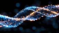 Glowing spiral wave of luminous particles with blue and golden light effects on dark background, abstract digital technology concept for science presentation.