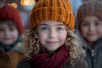 Young girl with bright blue eyes wearing orange knit winter hat and burgundy scarf, curly blonde hair, gentle smile, winter portrait with soft bokeh background and warm tones.