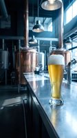 Fresh beer glass with foam on brewery counter with copper brewing tanks and industrial equipment in background for hospitality marketing.