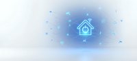 Smart home technology concept with glowing house icon and connected device symbols on soft blue gradient background for IoT applications.