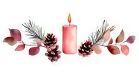 Watercolor winter border with pink candle, pine cones, eucalyptus leaves and fir branches on white background. Festive Christmas design element.