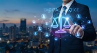 Professional businessman touching digital justice scales hologram with network connections over city skyline at dusk for legal technology and law firm concepts.