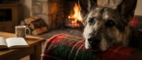 German shepherd dog resting on cozy plaid blanket by warm fireplace in comfortable living room interior during winter evening at home.