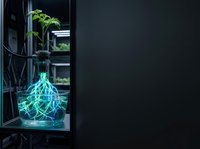 Neon glowing root system visualization in glass container with plant seedling, futuristic agricultural technology and hydroponic farming concept for innovation and sustainability.