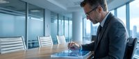 Middle-aged Caucasian male professional in business suit and glasses working on laptop at wooden conference table in modern high-rise office with floor-to-ceiling windows overlooking cityscape.
