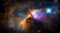 Cosmic nebula with vibrant colors of orange, purple and blue illuminating dark space, stars scattered across vast celestial expanse creating dramatic astronomical scene.