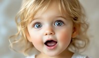Joyful expression of young caucasian toddler girl with bright blue eyes and blonde curly hair showing genuine excitement and wonder against soft blurred background.