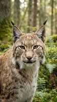 Eurasian lynx portrait with piercing yellow eyes and tufted ears in natural forest habitat. Wild cat predator staring directly at camera among green vegetation.