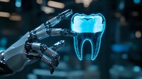 Futuristic robotic hand holding glowing blue holographic tooth model against dark background with bokeh lights, representing dental technology advancement.