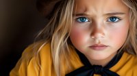 Young blonde girl with striking blue eyes wearing yellow coat, dramatic lighting creates moody portrait against dark background. Natural childhood innocence captured.