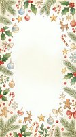 Festive holiday border frame with evergreen branches, ornaments, candy canes, holly, stars, and gingerbread on cream background. Isolated design element for greeting cards, invitations, and seasonal projects.