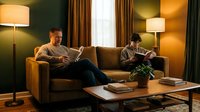Father and teenage son relaxing on couch in modern living room, reading book and using tablet. Family bonding time at home with warm lighting.