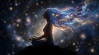 Woman meditating in lotus position with cosmic energy flowing through her hair against starry universe background for spiritual wellness concepts.