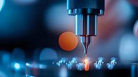 High-precision CNC machining center with cutting tool and orange workpiece in modern manufacturing facility with blue ambient lighting and bokeh effects.